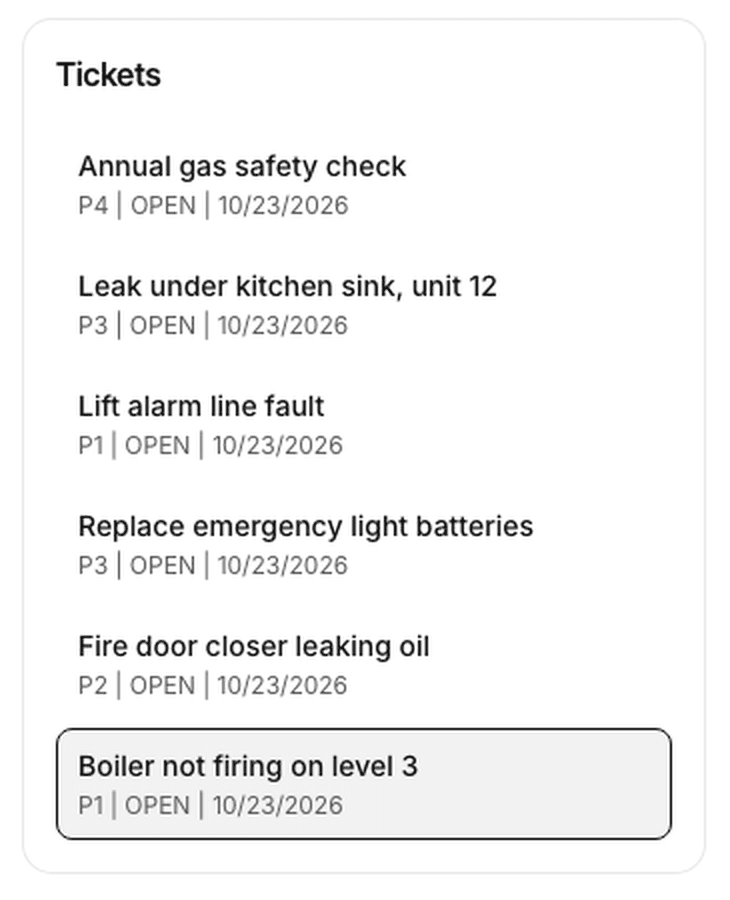 AssistEdge ticket workspace: open tickets by priority, with the selected ticket's site, response and resolution targets